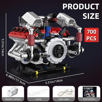 V8 Engine Model Kit That Works with LED Light and APP Control Collectible Set for Adults Visible Car Engine Building Engineering STEM Projects for Kids Boys (700 PCS)