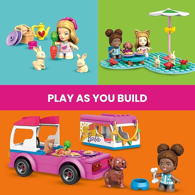 MEGA Construx Barbie Kids Building Toy Set Adventure DreamCamper with 123 Pieces 2 Micro-Dolls Furniture and Accessories Pink Ages 5+ Years