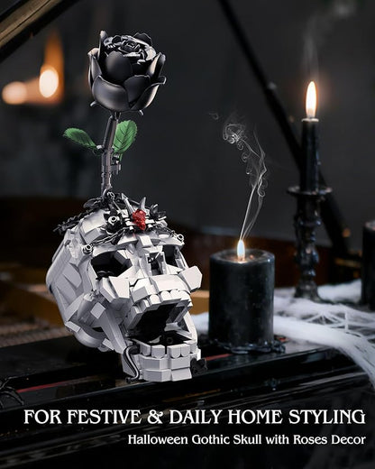Skull Black Rose Flower Building Set 3 in 1 Gothic Horror Decor Botanical Artificial Flowers Collection Toys Ideal Home Office Decoration &amp Christmas Valentine's Day Gifts for Adults Women