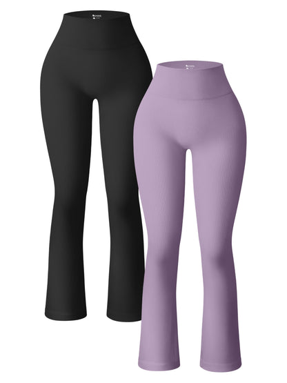 OQQ Women's 2 Piece Yoga Pants Ribbed Seamless Workout High Waist Bell Bottoms Flare Leggings