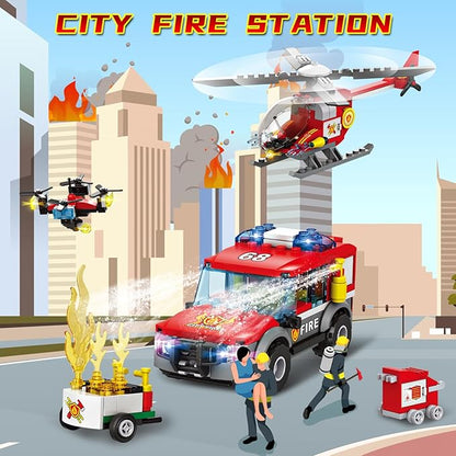 City Fire Station Building Kit Compatible with Lego Fire Rescue Building Blocks Includes Fire Station Fire Truck Fire Helicopter and Drone Toy Set Gift for Kids Boys Girls Age 6-12（784 PCS）
