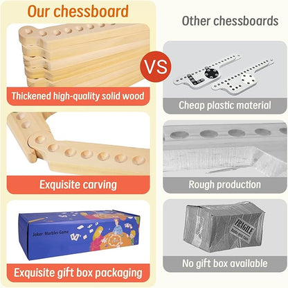 Marbles and Jokers Board Game Pegs and Jokers Real Solid Wood (Pine) Game Board Wooden for 2-8 Players 8 Game Boards 8 Colors 40 Marbles 4 Boxes Card