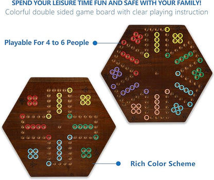 Wahoo Marble Board Game Thicken Wood 4 and 6 Players Fast Track Board Game 2 Sided Painted Perfect Game for Family Friends Party (Rustic Brown)