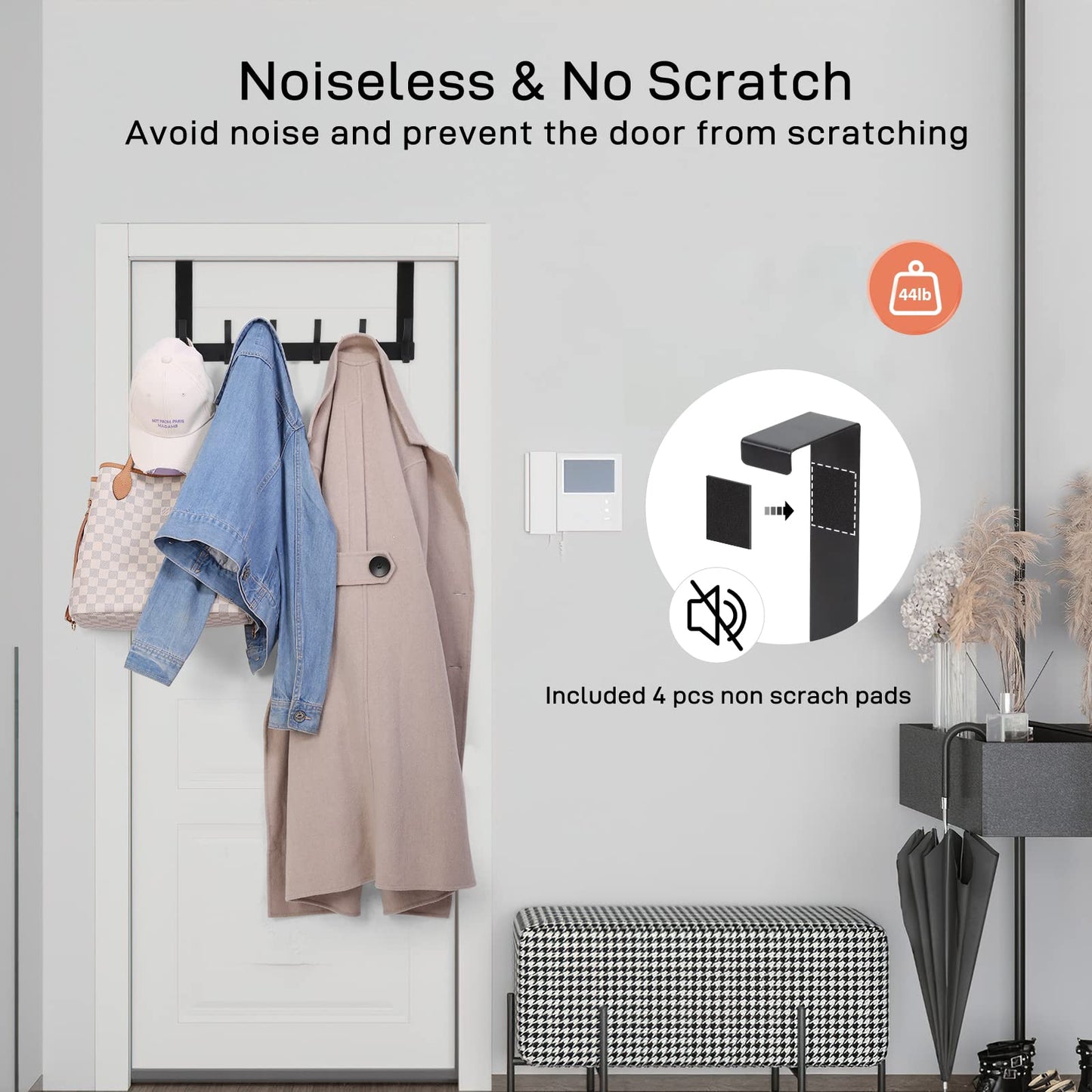 Optish Over The Door Hooks, Door Hanger Hooks for Hanging, Over The Doors Towel Racks for Bathroom with 12 Coat Hook, Coat Rack Dorm Essentials Bathroom Accessories（1 Pack, Black）