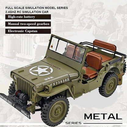 RC Crawler 1:14 Scale Willys Military Jeep 2.4Ghz 4WD Off Road Rock Crawler with 45° Climb Alloy Chassis/Drivetrain Dual-Speed Transmission Functional Winch LED for Adult (Green)