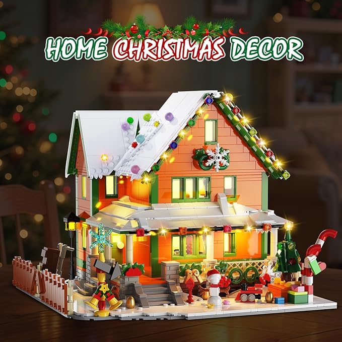 Christmas House Mini Building Set with Light PLAXSOON 1961 PCS Holiday Snow Village Architecture Model Building Block with Santa Claus Sleigh Xmas Display Toy Set for Adults Kids Boys Girls Ages 14+