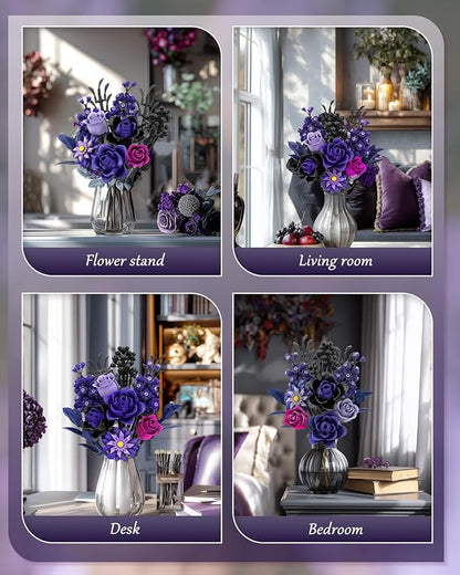 Purple Rose Bouquet Building Set Artificial Floral Building Toys for Gothic Home Decor Ideal Gift for Halloween &amp Christmas Compatible with Lego Flower Set for Adults Women and Teen Girls