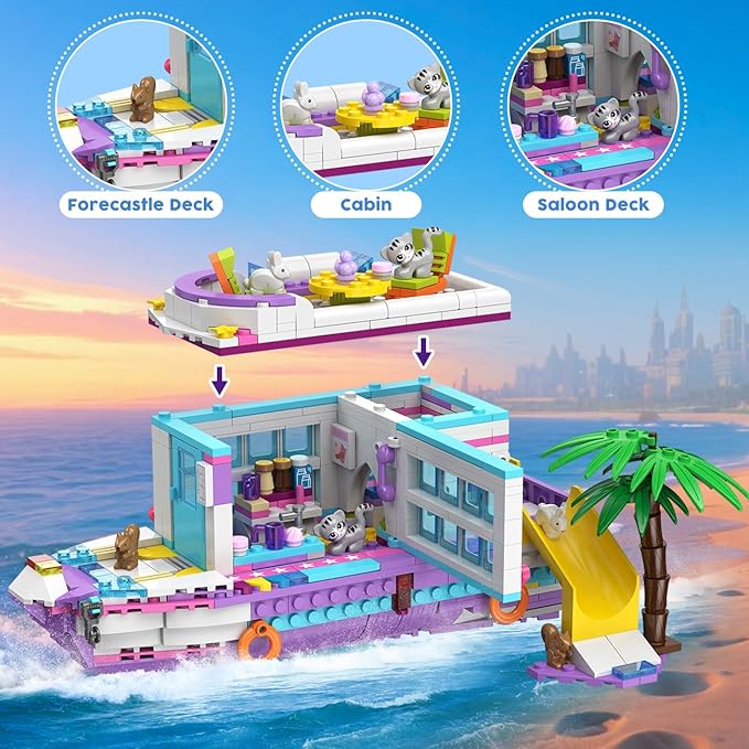 HOGOKIDS 3-in-1 Friends Airplane Building Toy Set - 808PCS Plane/Boat/Camper Van Building Toys with Cute 6 Mini Animals Slide Fun Accessories and Stickers Birthday Gifts for Girls Boys Age 8-12+
