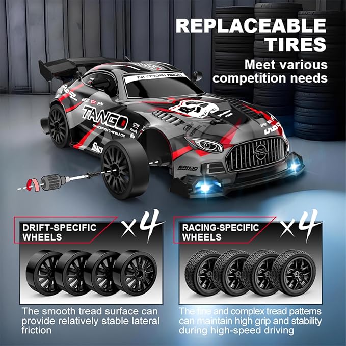 1:24 Scale RC Drift Car 4WD 2.4GHz High Speed Racing Sport Toy Car with LED Lights Racing and Drift Wheels (E82-Black)