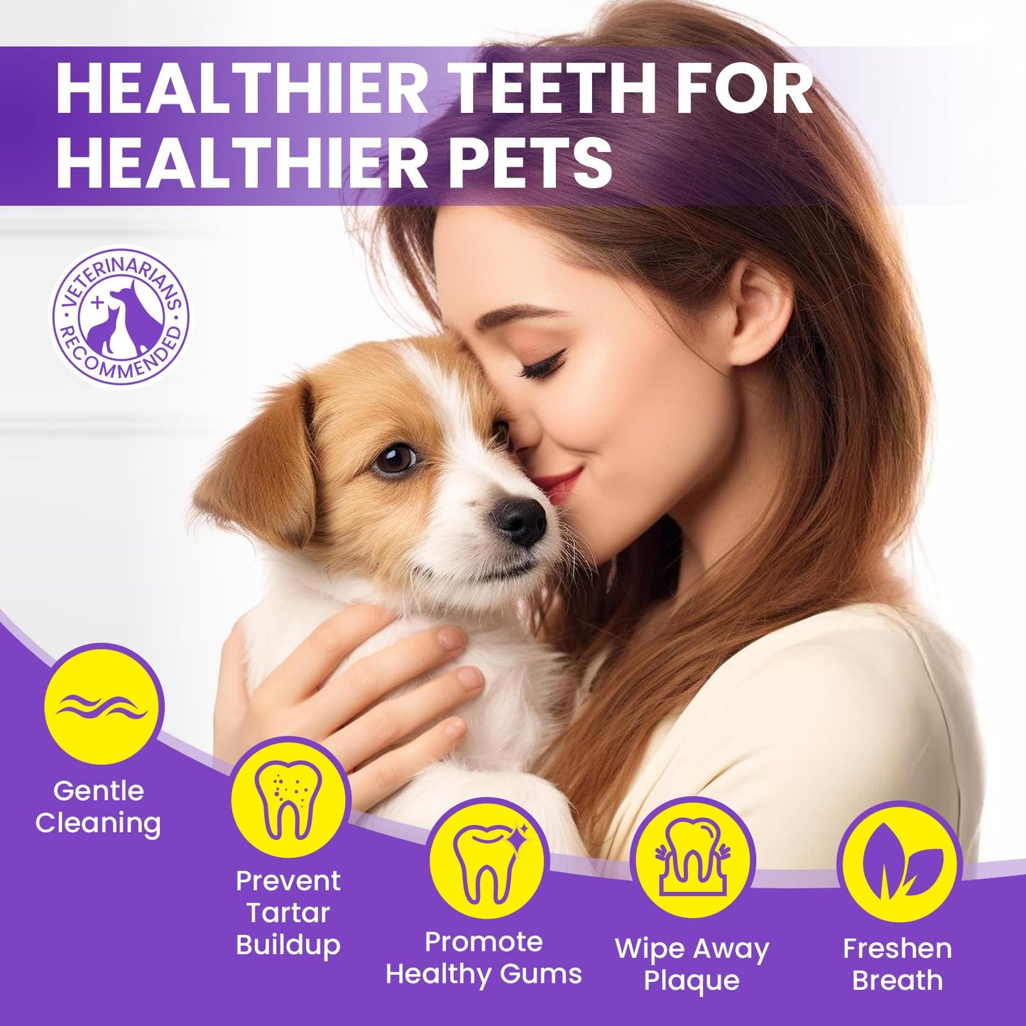 No-Rinse Dog Dental Care Wipes, Cat & Dog tooth brushing kit, Dog Wipes for Pet & Cat Teeth Cleaning, Dog toothbrush Finger Dental Wipes to Remove Plaque & Tartar, Disposable Dog Wipes - 50 Count