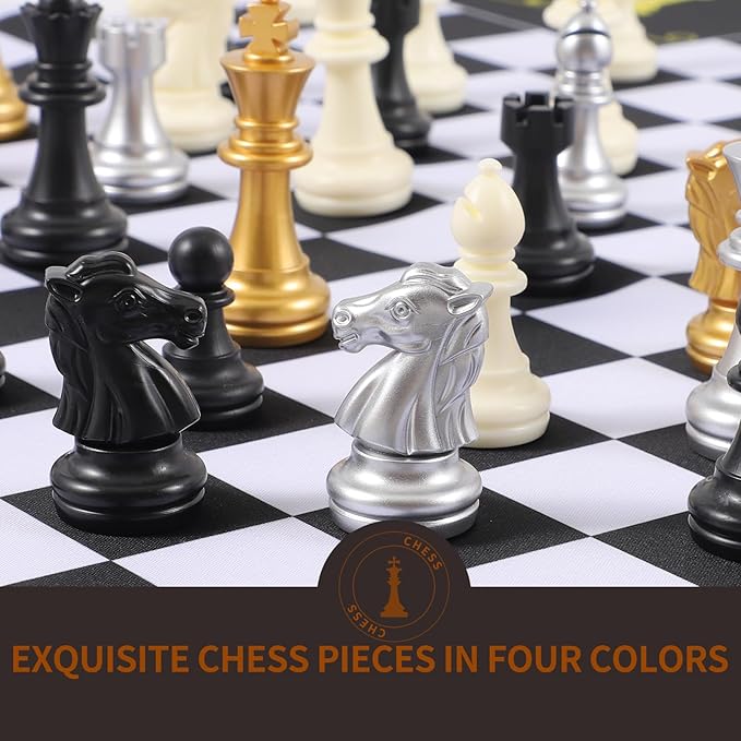 4 Four Players Chess Board Game Four Person Chess Set Game Unique Team Chess Set Mouse Pad Material with 4 Sets of Chess Pieces (64 Pieces) 2-4 Person Adult Game Portable Game Set