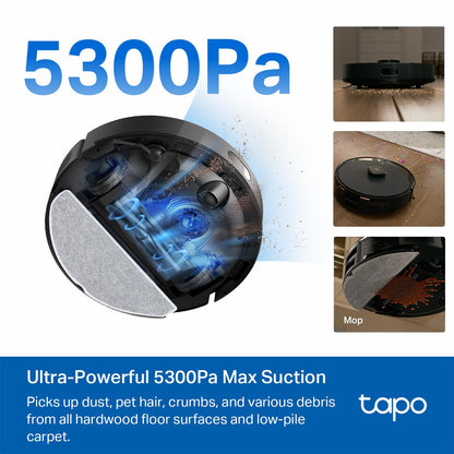 Tapo LiDAR Smart Navigation Robot Vacuum and Mop with Self-Emptying Dock, 5300Pa Max, 97%+ Dust Pickup Rate, Customizable Cleaning, Self-Charging, Compatible with Alexa & Google Home, RV30 Max Plus