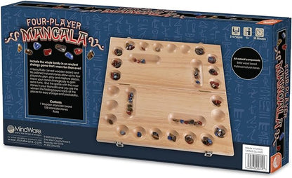 MindWare 4 Player Wooden Mancala Board Game with Foldable Board and Mancala Stone Movers - 2 to 4 Players