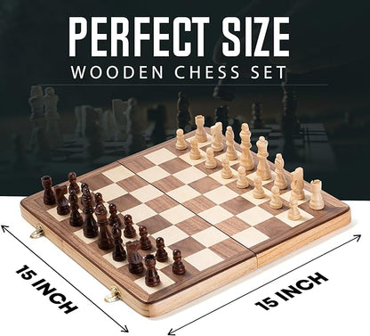 Chess Armory Wooden Chess Set 15 Inch - Classic Handcrafted Game Board for Adults with Extra Queen Pieces and Storage Box - Ideal for Home and Travel - Non-Magnetic