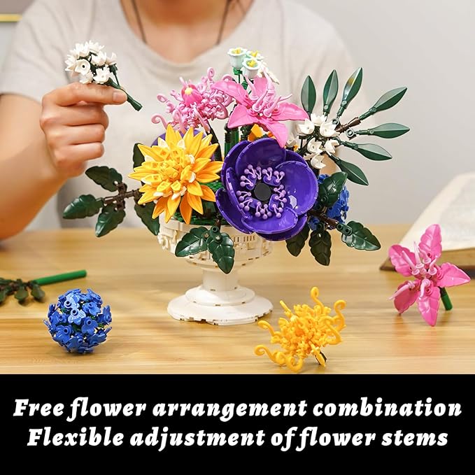 Flowers Bouquet Botanicals Collection Building Sets with Vase Artificial Flowers Arrangement Building Toys Pretty Home Decor Table Decor Birthday Gifts for Women Gf Adults Girls Age 14+ (1081 PCS)