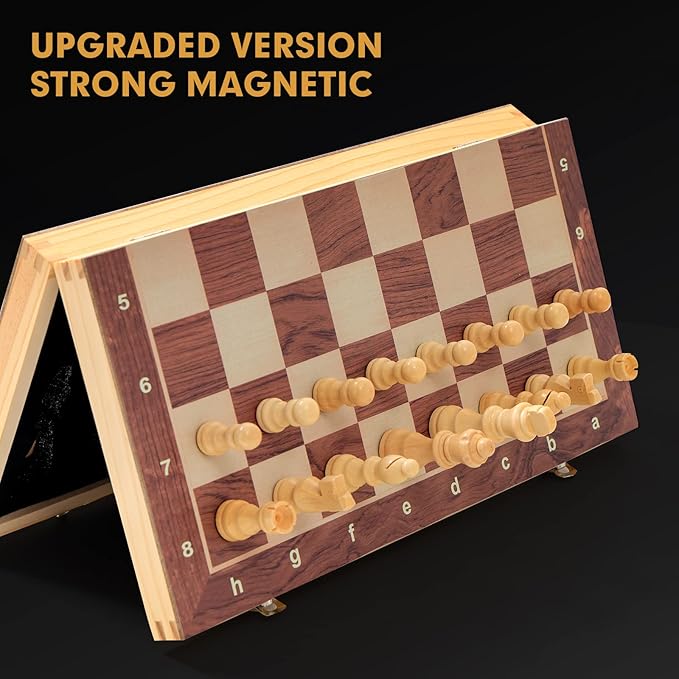 15 x 15 Magnetic Wooden Folding Chess Set with 2 Extra Queens Handmade Game Board Interior for Storage for Adult Kids Beginner Large Chess Board