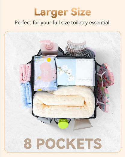 Temede Mesh Shower Caddy Tote, Large Shower Caddy Basket Portable, Quick Dry Hanging Toiletry Bag, 8 Storage Pocket Bath Organizer for College Dorm, Gym, Camp, Travel (Pink)
