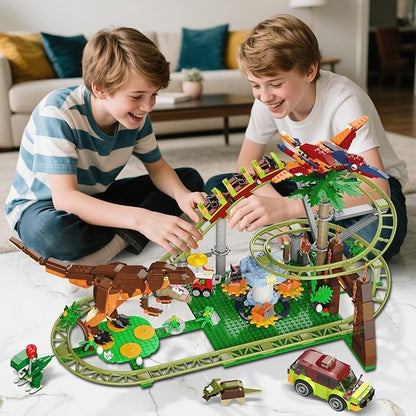 HOGOKIDS Dinosaur Roller Coaster Building Set - 1222 PCS Roller Coaster Building Toy with 4 Dinosaur Off-Road Vehicle Food Cart Dinosaur Models Playset Gifts for Adults Girls Boys Ages 8-12 Years
