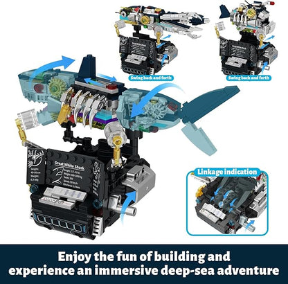 Mechanical Shark 3 in 1 Building Set 423pcs Compatible with Lego Shark Lantern Fish Octopus Models Deep Sea Ocean Kit Interactive Moving Base with Handle Control STEM Educational Toy for Kids 6+
