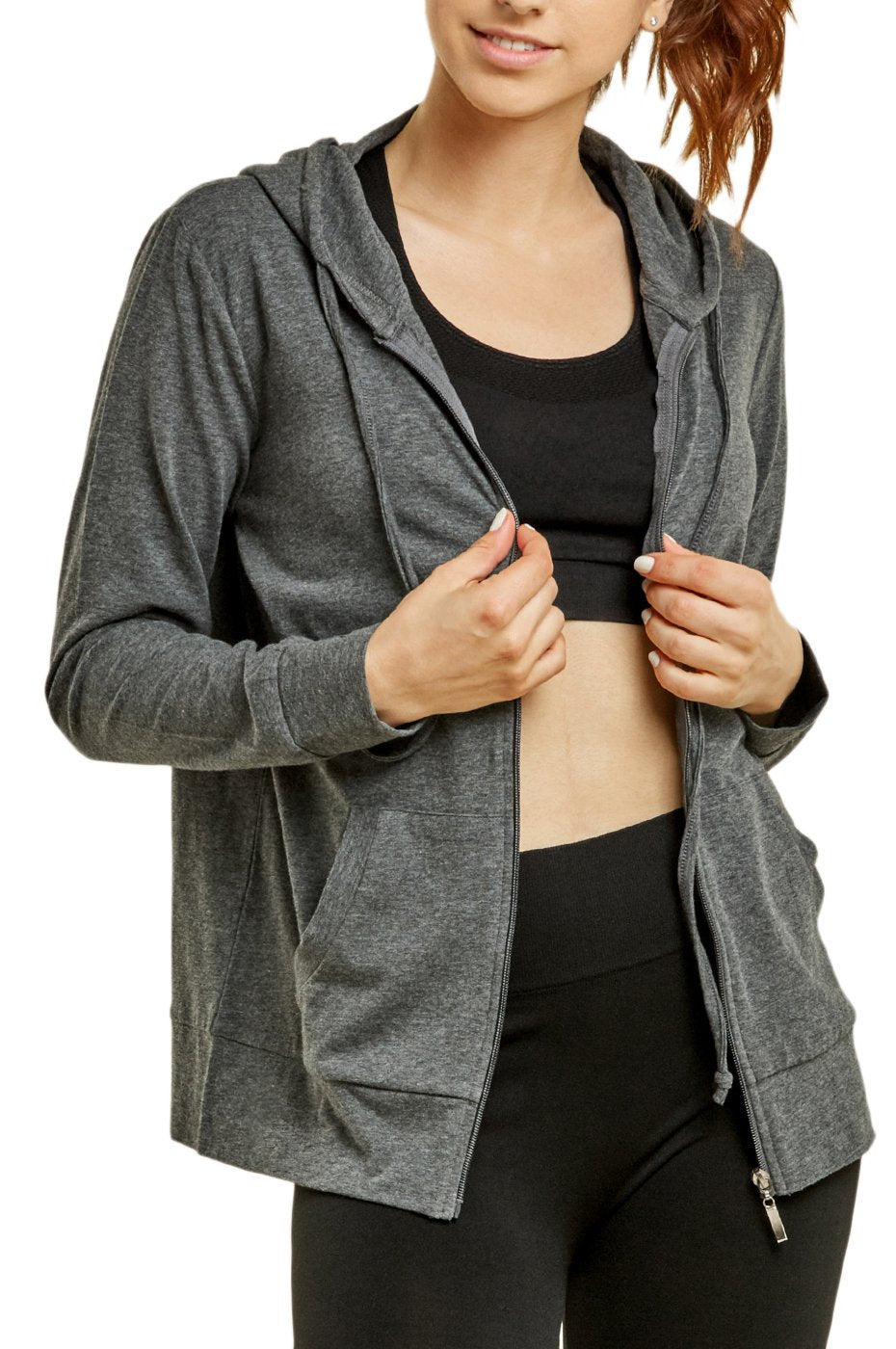 Sofra Women's Thin Cotton Zip Up Hoodie Jacket (XL, Charcoal)