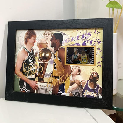 veratwo Signed Larry Bird &amp Earvin Johnson Basketball Poster Framed Photo Gift 8x6 Incheswith 1x 35mm Film DisplayCool Basketball Memorabilia Gifts for Huge NBA Fans