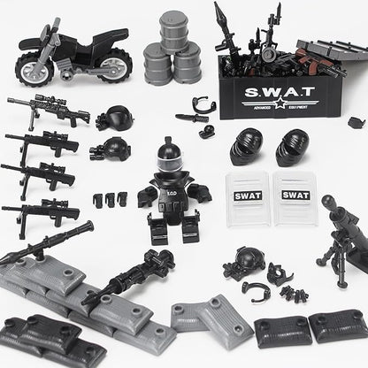 SWAT Team Weapons Pack with Shipping Cargo Container Army Equipment Helmet Armor 325Pcs Various of Military Accessories Building Block Toy Compatible with Major Brands Police Soldiers Figures (Black)