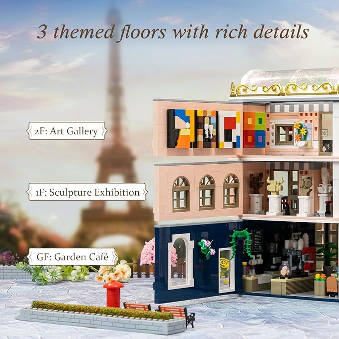 PANTASY Blossom Café Modular Building Set 3-Story European Glasshouse Landmark with Café Art Gallery &amp Floral Atrium Collectible Architecture Model Kit for Adults Creative Display Blocks