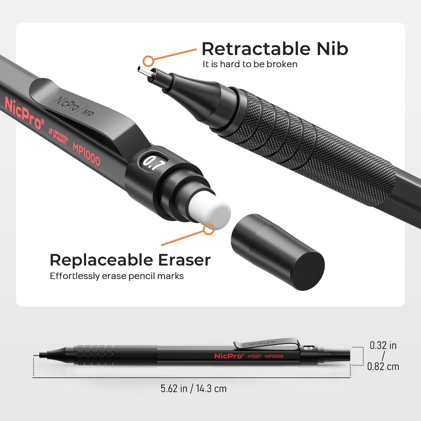 Nicpro Black Art Mechanical Pencil Set, 5PCS Metal Drafting Pencils 0.3, 0.5, 0.7, 0.9 mm & 2mm Graphite Lead Holder For Sketching Drawing With 9 Tubes (4B 2B HB 2H Colors) Lead Refills Erasers Case