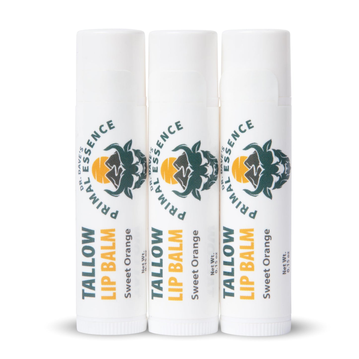 Dr. Dave's Primal Essence Moisturizing Tallow Lip Balm - Grass-Fed Beef Tallow with Organic Coconut Oil, Beeswax and Vitamin E - Sweet Orange, 3-Pack