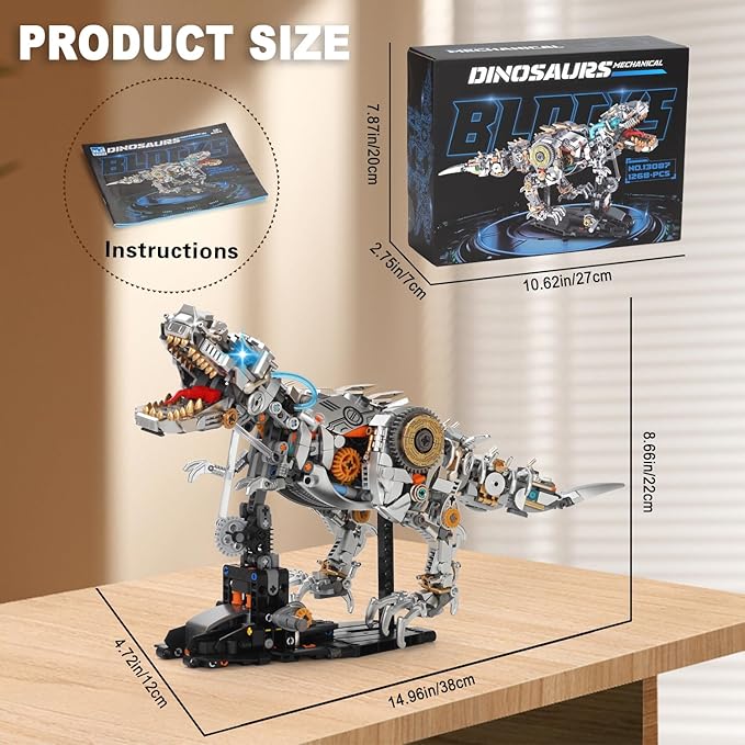 Mechanical Dinosaur Building Blocks Linkage Kit Jurassic Animal Tyrannosaurus Rex Model with Lighting &amp Display Stand STEM Toy DIY Desktop Ornament for Kids Ages 12+ Birthday Gift Idea