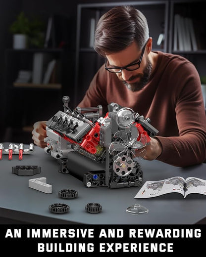 Mould King 10225 V8 Engine Model kit That Runs- Build Your Own STEM V8 Model Engine with Transmission 8-Cylinder Car Engine kit Building Engineering Toys for Adults Collections (855+PCS)