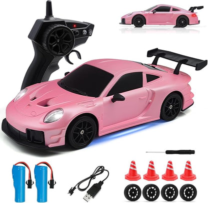 RC Drift Car 1:24 4WD Remote Control Cars Vehicle with LED Light2.4GHz 20KM/H High Speed RC Cars with Two Batteries &amp Drifting Tires Racing Sport Toy for Adults Boys Girls Kids Pink
