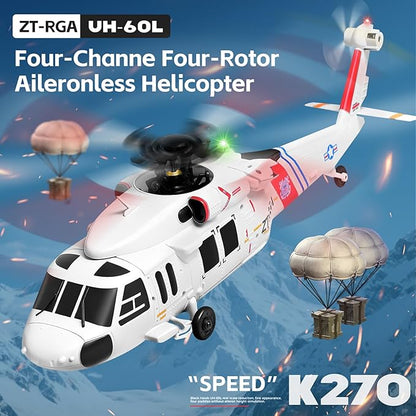 K270 UH60L Remote Controlled Helicopter 2.4Ghz 4CH RC Helicopter Heli Aileronless 6-Axis Gyroscope Air Pressure Hold Optical Flow Position 3-Batteries for Adults Beginners