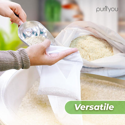purifyou Set of 9 Reusable Produce Bags, Heavy Duty Washable Mesh Grocery Bag with Drawstring, Ideal for Farmers Market, Beach, and Refrigerator Storage (Extra Large, Large, Small)