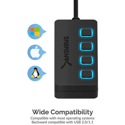 SABRENT 4-Port USB 3.0 Hub with Individual LED Power Switches - Slim, Portable Design - 2 Ft Cable - Fast Data Transfer - Compatible with Mac & PC (HB-UM43)