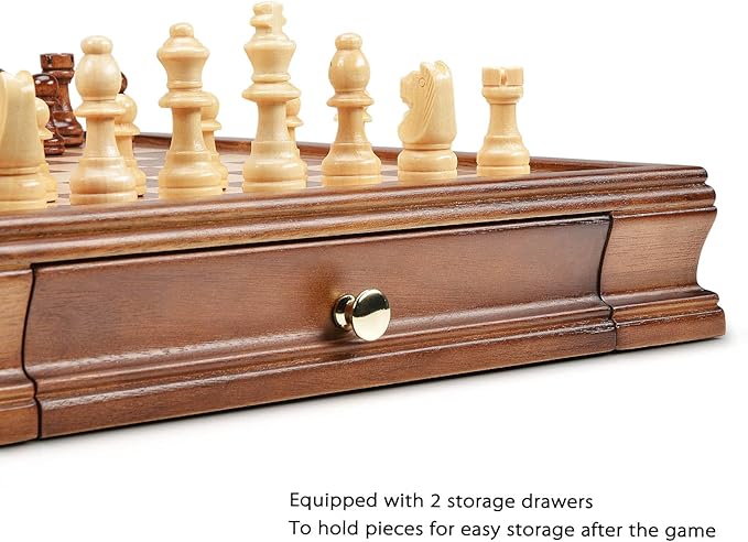 AMEROUS 12.8 x 12.8 Magnetic Wooden Chess Set with 2 Built-in Storage Drawers - 2 Bonus Extra Queens - Gift Packaging - Staunton Chess Pieces Board Games Chess Sets for Adults and Kids