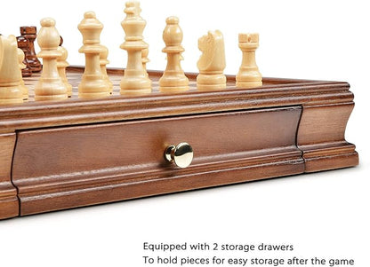 AMEROUS 12.8 x 12.8 Magnetic Wooden Chess Set with 2 Built-in Storage Drawers - 2 Bonus Extra Queens - Gift Packaging - Staunton Chess Pieces Board Games Chess Sets for Adults and Kids
