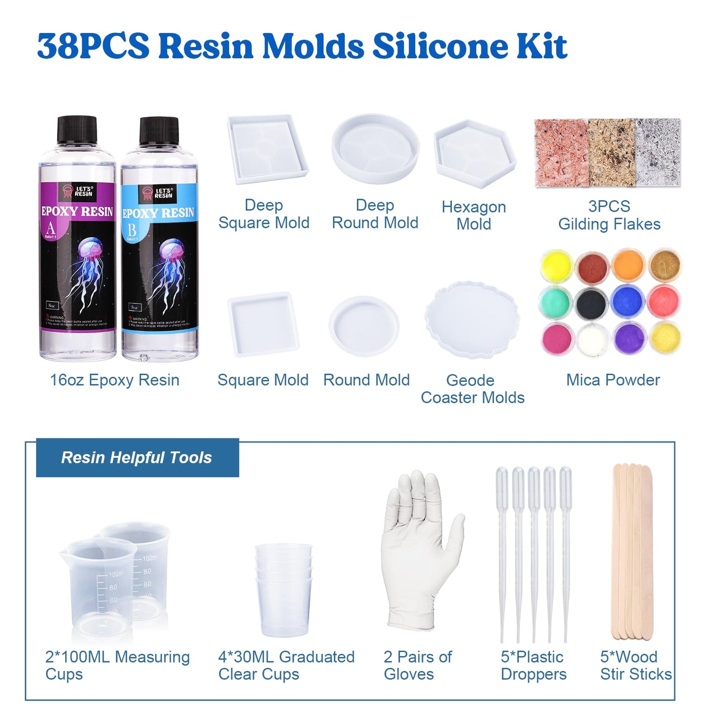 LET'S RESIN Coaster Kit, 16oz DIY Epoxy Resin Kit with Molds and Mica Powder Complete Set, Crafts for Adults, Beginners, Ideal Starter DIY Art Supplies Gift Set for Adults