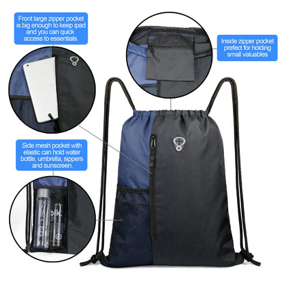 BeeGreen Drawstring Backpack Sports Gym Bag for Women Men Large Cinch Sackpack with 2 Zipper Pockets and Water Bottle Mesh Pockets Black Navy