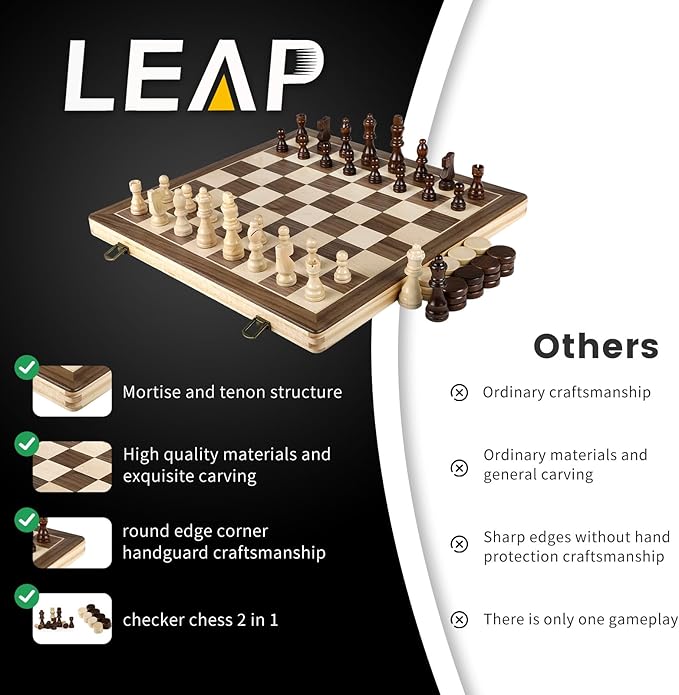LEAP Wooden Chess and Checker Sets - 15 Walnut &amp Maple Folding Chess Board with 2 Extra Queens | Chess Board Set | Wooden Chess Sets for Adults