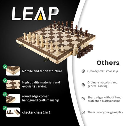 LEAP Wooden Chess and Checker Sets - 15 Walnut &amp Maple Folding Chess Board with 2 Extra Queens | Chess Board Set | Wooden Chess Sets for Adults