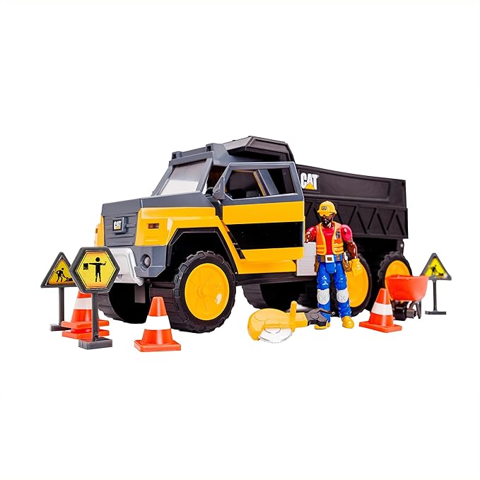 Cat Construction Workforce Hauler Action Set 18-Piece Kids Construction Toy Playset with Freewheeling Hauler Truck Lights &amp Action-Activated Sounds 4-Inch Figure Tools &amp Accessories Ages