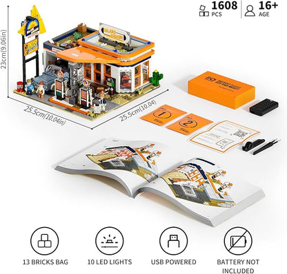 FUNWHOLE City Gas-Station Lighting-Building-Bricks Set - Road Trip Modular Car Service Station Collection LED Light Building Set 1608 Pcs for Adults Teen and Travelling Enthusiasts