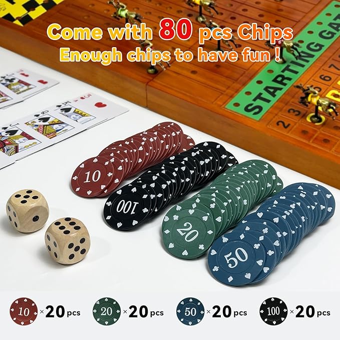 Large 23 inches Horse Race Board Game with Luxury Metal Numbered Horses 4 in 1 Foldable Wood Horse Race Board Game with Dice Poker Chips/Chess &amp Checkers/Tic Tac Toe for for Adults Family Parties