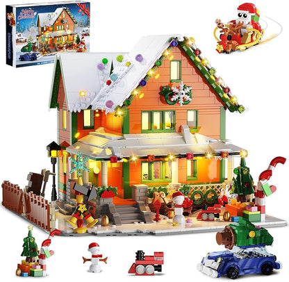 Christmas House Mini Building Set with Light PLAXSOON 1961 PCS Holiday Snow Village Architecture Model Building Block with Santa Claus Sleigh Xmas Display Toy Set for Adults Kids Boys Girls Ages 14+