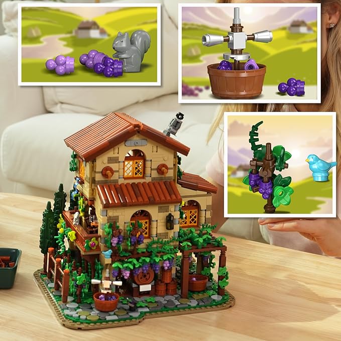 Winery Chateau House Building Set with Lights Vineyard Castle Construction Model Home Decor 1826 PCS Vine Estate Autumn Cabin Building Block Kit Birthday Gift for Adults Teens Boys Girls