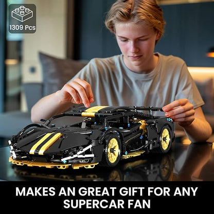 GEVINST Collectible Sports Race Cars Building Set with LED Lights Model Car Kits for Boys 8-12 and up Adults 1:14 Scale Black Gold Supercar Gifts (1309 PCS)