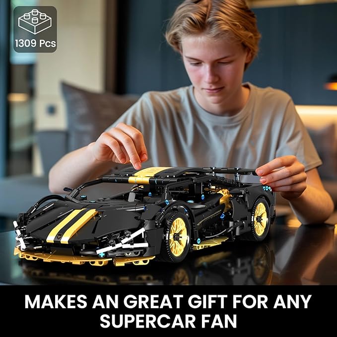 GEVINST Collectible Sports Race Cars Building Set RC Remote Control APP Car Model Kits with LED Lights for Boys 8-12 and up Adults 1:14 Scale Black Gold Supercar Gifts (1309 PCS)
