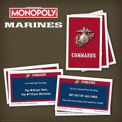 Monopoly: Marines 250th Anniversary Edition Celebrate 250 Years Buy Bases Worldwide and Upgrade with Tents &amp Barracks Play as Tokens: Combat Boots Bulldog &amp More Officially Licensed Merc
