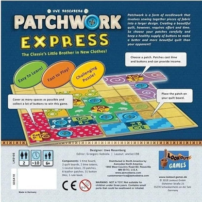 Patchwork Express Board Game - Fast-Paced Two-Player Quilting Strategy Game! Interactive Puzzle Game for Kids &amp Adults Ages 6+ 2 Players 20 Minute Playtime Made by Lookout Games